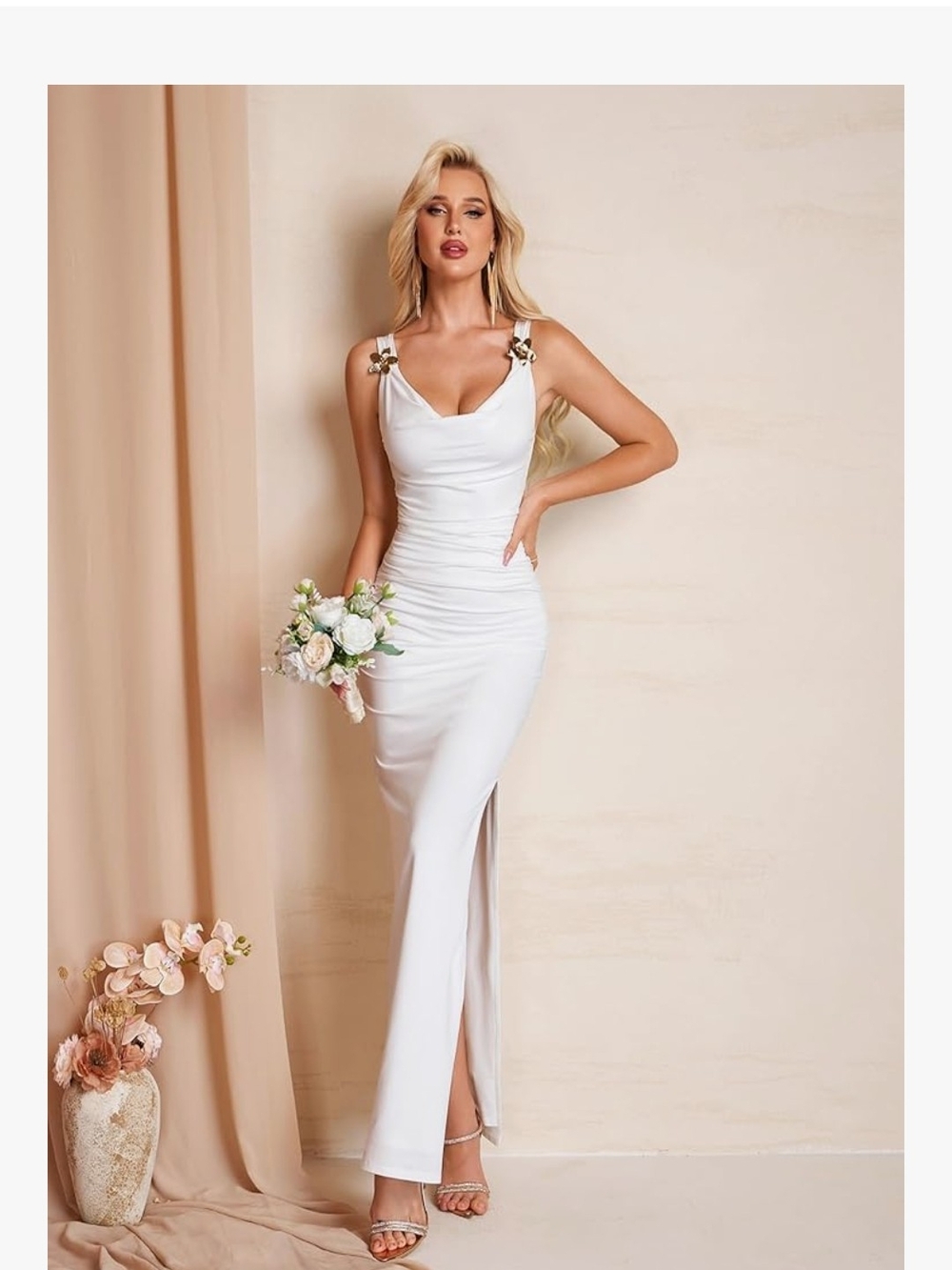 Elegant White Ruched Maxi Dress with Shoulder Accent - Picture 3 of 6
